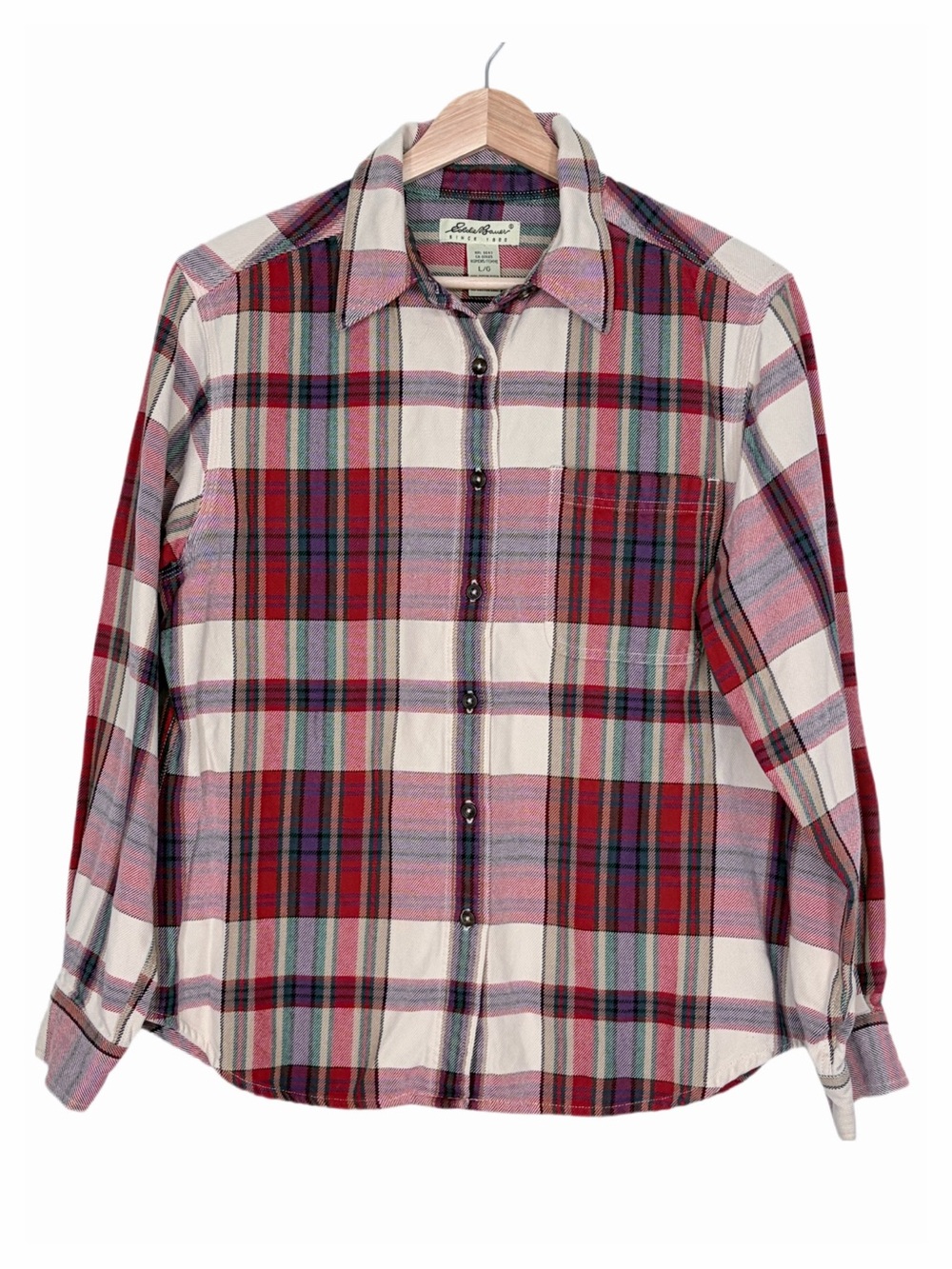 Eddie Bauer Women’s Red Plaid Flannel Button Up Shirt Top Size Large Gorpcore
